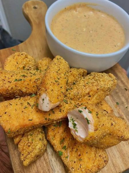 Lemon Pepper Salmon Sticks with Old Bay Blue Cheese