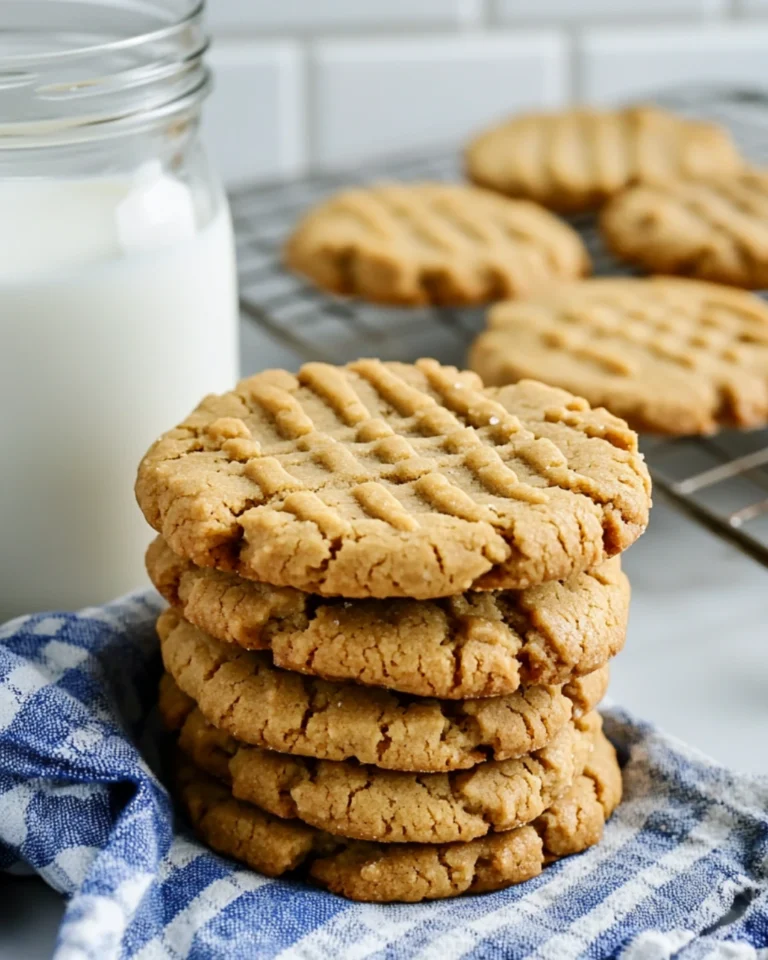 A stack of golden-brown peanut butter cookies with a crisscross pattern on top, sitting on a blue and white checkered cloth. A jar of milk and a cooling rack with more cookies are in the background